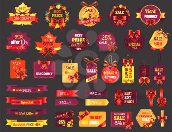 Price tags, shopping isolated icons, autumn sale. Online store, best price or special offer, weekend sale and fall discount or big off. Shop and store emblems, trade and seasonal action cards