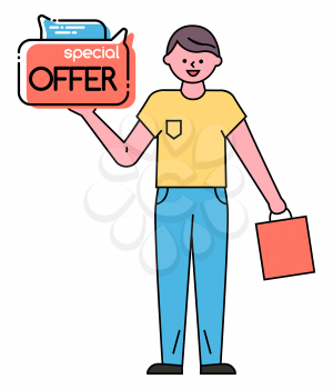 Guy stand and hold shopping bag and advertising label. Man buy products on black friday sale in store, shop. Special offer caption on promotion bubble. Vector illustration in flat style, minimal