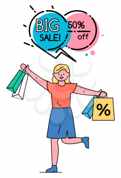 Woman stand and hold shopping bags in hands. Big sale in stores, discounts up to 50 percent off. Outline advertising bubble and lady with packages. Vector illustration of promotion in flat style