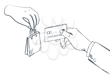 Hand giving shopping paper and taking credit card. Monochrome sketch outline of seller and buyer. Market and paying for products bought in shop or store. Retail business vector in flat style