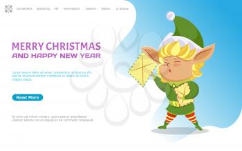 Merry christmas and happy new year celebration of winter holidays.Elf holding letter in hands. Blonde dwarf in traditional costume. Website or webpage template, landing page, vector in flat style