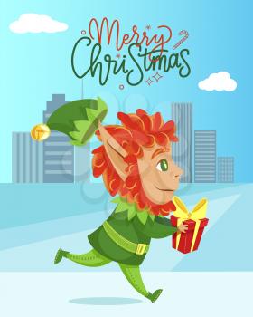 Elf fairy character running with gift box near skyscrapers. Merry Christmas greeting card with winter holiday assistant carrying present in city. Helper on ice land near high buildings vector