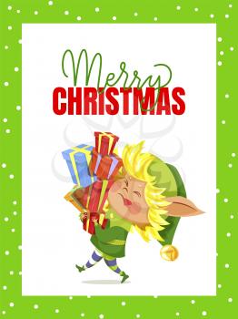 Merry christmas and happy new year. Character carry boxes with gifts for kids and greet people with holiday. Xmas greeting card with elf and designed caption. Vector illustration in flat style