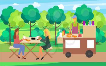 Women in summer fair vector, people with coffee and hot dog eating and drinking coffee. Kiosk with meal park with trees and lawn with greenery flat style. Funny spending time on harvest festival