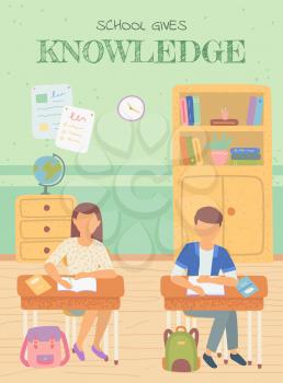 Studying schoolboy and schoolgirl in classroom vector, boy and girl writing in textbooks. Geography lesson, globe on shelf and books, tables with info. Back to school concept. Flat cartoon