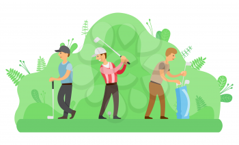 Men playing golf with putters, summer outdoor activity vector. Hitting ball and sack with sport equipment, leisure or pastime, game on lawn, golfers in park