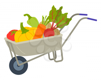 Vegetables in cart, volume with handles and wheel. Trolley with tomato, potato and carrot, pumpkin and ripe, bell pepper, agricultural work, harvest vector