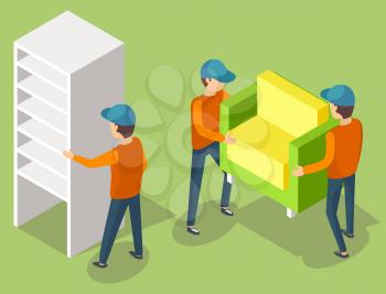 Delivery service workers in uniform moving cupboard and armchair. Porters carry furniture piece. Relocation and transportation vector illustration