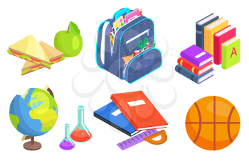 School elements vector, isolated set of books and apple snack. Bag with textbooks and notebooks, globe model, basketball ball chemistry and geography. Back to school concept. Flat cartoon isometric 3d