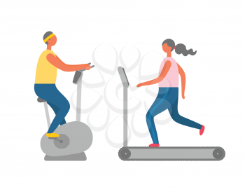 Woman running on treadmill, man on exercise bike, cardio training, side view of people in sportswear, modern sporty equipment, athletic human vector