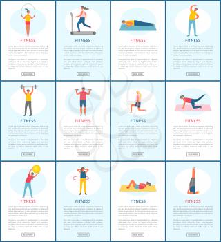 Fitness webpage set, strong people pumping muscles and lose weight, portrait view of people doing exercise, website of healthy lifestyle and sport vector