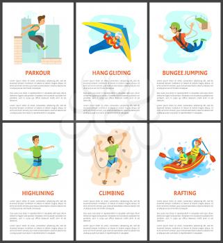 Highlining and parkour vector, bungee jumping and climbing, wall climbing poster with text sample. Adults hang gliding person holding balance flat style