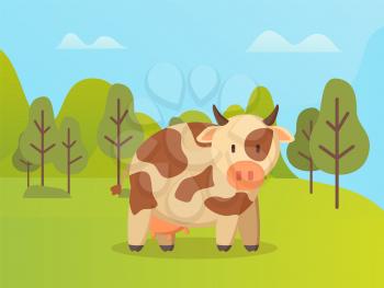 Spotted cow standing on green grass vector cartoon animal on background of green trees. Vector beef in spring forest, cute childish kine neat outdoors