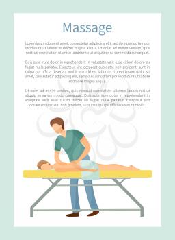Massage poster with masseuse making relaxing movements on back. Male lying on table in spa salon vector healthcare concept, medical treatment procedure
