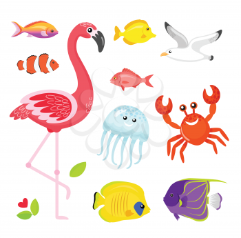 Fish different types set vector, flamingo pink bird with jellyfish. Crab and seagull, flower and flora foliage of exotic area. Jellyfish and crayfish