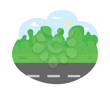 Empty road of city, bushes and trees vector. Greenery of nature, landscape with clear sky with shining sun, summer adventures trip on path highway