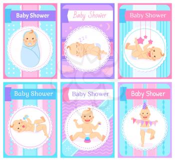 Baby shower vector, kids having happy childhood flat style. Flags and celebration elements, sleeping kiddo, character wearing paper hat, cards set
