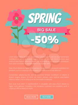 Spring big sale 50 percent off promo label with pink gentle flower. Vector webpage or website template, text sample and springtime special offer on orange