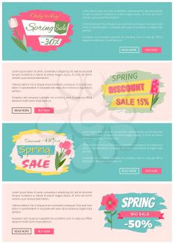 Sale, discount and best offer, label for springtime promotion and advertising, daisy bouquet. Advertisement decorated by flowers, greeting for ladies vector. Website with links buy and read now