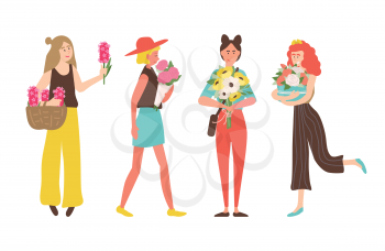Girls on international womens day vector, woman holding bouquets given on holiday. Person wearing stylish clothes, female with daisy and roses in box