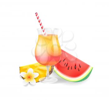 Cocktail in glass, watermelon isolated icons set vector. Pineapple slice and flowering, tropical flower and beverage in wine glass with striped straw