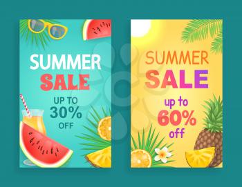 Summer sale offers posters set vector. Proposals and clearance, pineapple fruit slice and alcoholic cocktail with watermelon. Palm tree leaves foliage