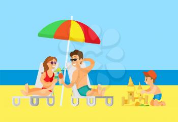Beach relaxation vector, summer vacation, parents drinking cocktail with straws. Child building sand castle, summertime fun, man and woman under umbrella