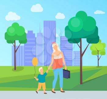 Mother and son walking in urban park, mom holding kid with balloon, portrait view of family characters in casual clothes, trees and buildings vector