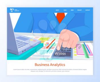 Business analytics web, closeup view of worker hand counting on calculator, paper with diagram and chart, financial report, 3d view of arm vector. Website or webpage template, landing page flat style