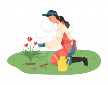 Lady gardening vector, farming lady with tools and instruments, watering can flat style. Woman growing plants blooming flora flourishing flora isolated