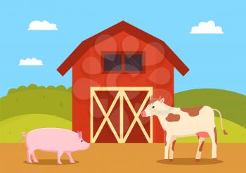 Farming building used for animals vector, cow and pig on pasture by homestead, rural area countryside of farm, nature with greenery and clear sky