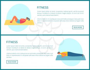 Fitness exercises vector, people doing crunches and plank website with text. Man and woman leading active lifestyle by training and working out in gym
