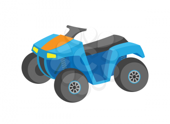 Quad bike on white, transport or extreme equipment, blue car icon, flat style of colorful offroad auto, championship or rally, atv driving by mud vector