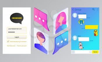 Korean messenger kakao talk, chat interface and avatars, login page vector. Online communication in mobile app, instant messages, account and users