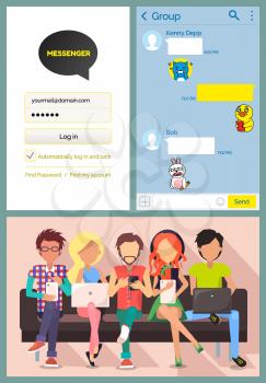 People using kakaotalk messenger vector, man and woman with smartphones and laptops chatting. Login and password, social network for teenagers talk