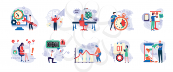 Time management vector, people with clock and timers, man in hurry, sand glass and running clock, schedule. Person fail to do tasks flat style isolated. People unable to organize their tasks