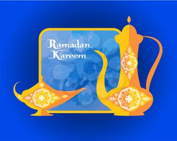 Ramadan Kareem poster with islamic dishware decorative pitcher in vintage style, arabic genie lamp or coffee pot, frame for text topped vector illustration