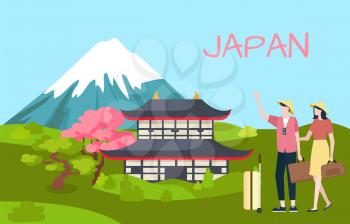 Japan green landscape, traditional asian view sakura tree and kawaguchi near high mountain with white top. Travelers man and woman with bags vector