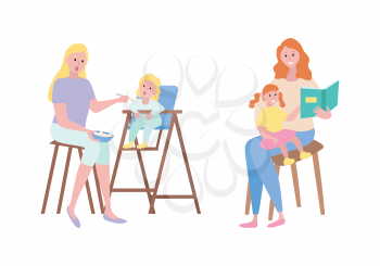 Mother and kid vector, isolated woman feeding child sitting on high stool. Lady reading book to daughter, fairy tales and stories, schoolgirl and mom