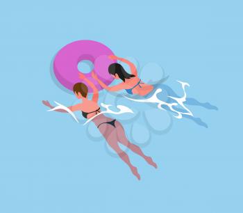 Women in bikini swimsuit swimming in inflatable round circles isolated. Vector girls back view in rubber safety toy, donut ring and bathing females