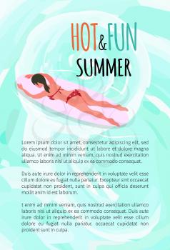Hot and fun summer vector, person laying on surfing board hobby of female flat style. Summertime vacation relaxation of lady wearing swimming suit