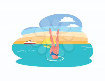 Woman diving legs up, dive in bikini suit at sunset, ship or yacht on background. Vector girl legs in trunks, snorkeling lady in water at summer resort