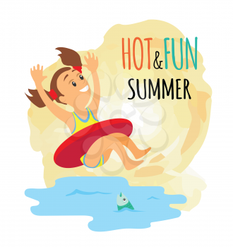 Girl in lifebuoy jumping in water isolated icon, summer beach activity and swimming vector. Child in inflatable ring and fish in sea, holidays or vacation