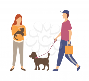 Man going with dog, woman holding cat, people and domestic animal character outdoor, pet with lead, male and female walking in casual clothes vector