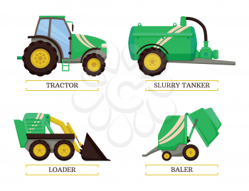 Slurry tanker and tractor isolated icons set vector. Loader and baler agricultural agro mechanisms and devices. Machinery with tank and reservoirs