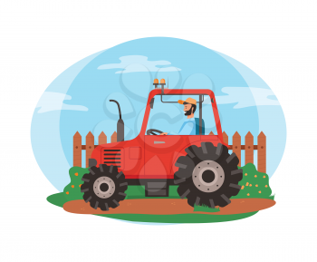 Person in tractor vector, agriculture and husbandry seasonal works. Man sitting in agricultural machinery, fence and bushes of rural area isolated
