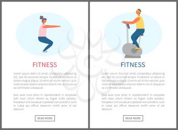 Fitness people leading healthy lifestyle vector, athletes doing squats and riding machine bicycle. Man and woman in gym losing weight and keep fit