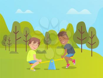 Children playing in park vector, amusement and relaxation on holidays, fun weekends of boys. Trees and lawn, seesaw made of wooden plank, outdoors game