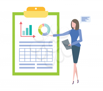 Woman pointing on diagram at flipchart isolated. Vector business lady with pointer folder with diagrams and graphs. Statistics and analytics, data reporting