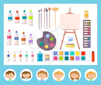 Instruments for painting and different brushes, canvas and other tools in cartoon style, paint art. Stickers decorated by round icons with smiling kids vector